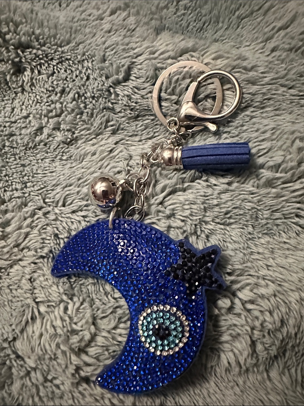 Blue Crystal Crescent Moon Keychain with Tassel
